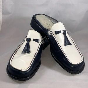 Franco Sarto Blue & White Tassel Mules Slides